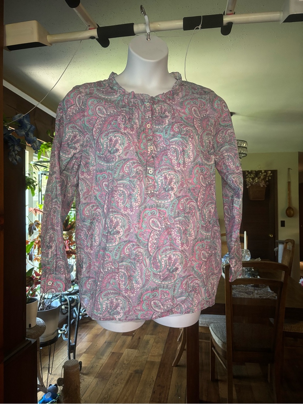 NWT Talbots Womens Pink Paisley Button-Front Long-Sleeve Top Ruffle Hem MSRP $89